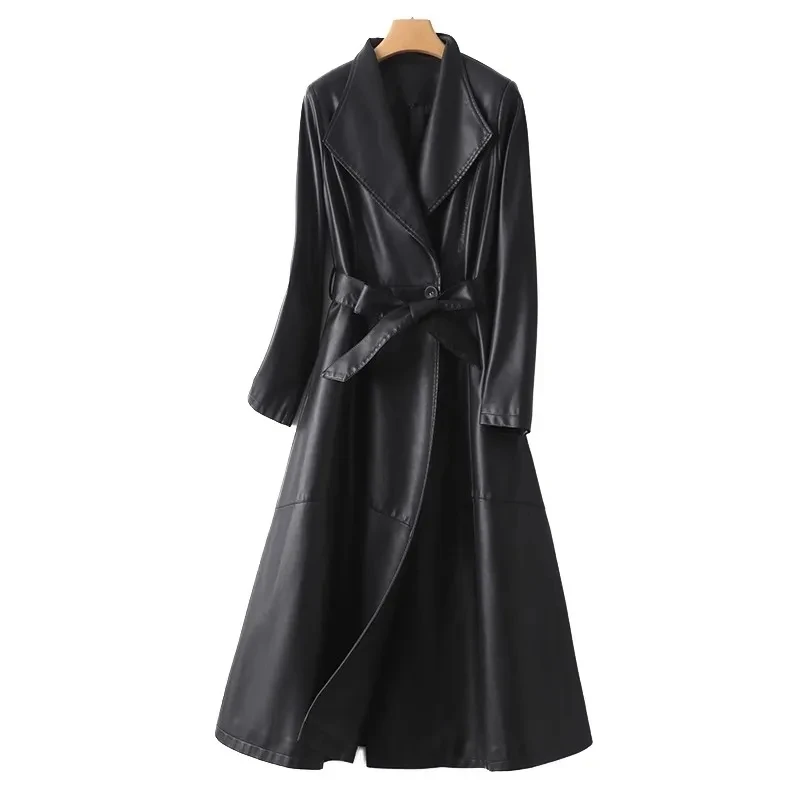 M-5XL Black Real Leather Long Trench for Women Fashion Turn-down Collar Belt Ladies Autumn Winter Sheepskin Coats Clothes 2023