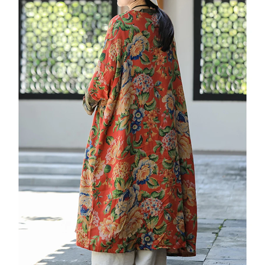 LZJN Women's Spring 2025 New Style National Style Retro Printed Pure Cotton Cloak Large Size Mid Length Zen Style Outerwear