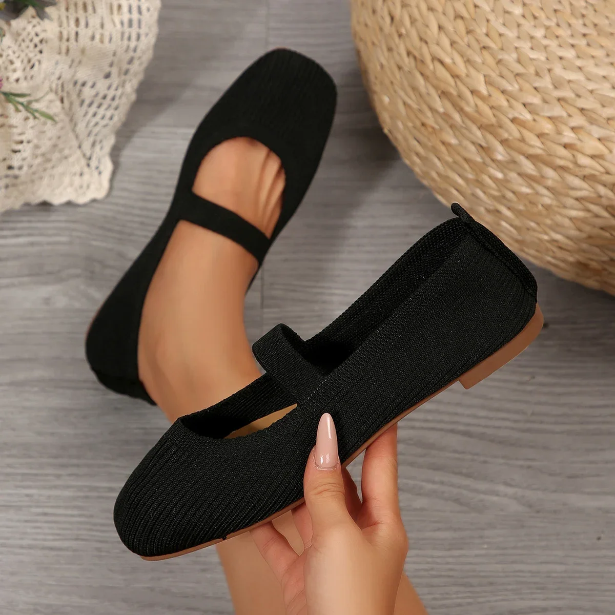 Lässige gestrickte Ballerinas für Damen, Schuhe 2025, bequeme Anti-Rutsch-Riemen-Loafer, Mary Jane, leichte Turnschuhe für den täglichen Gebrauch