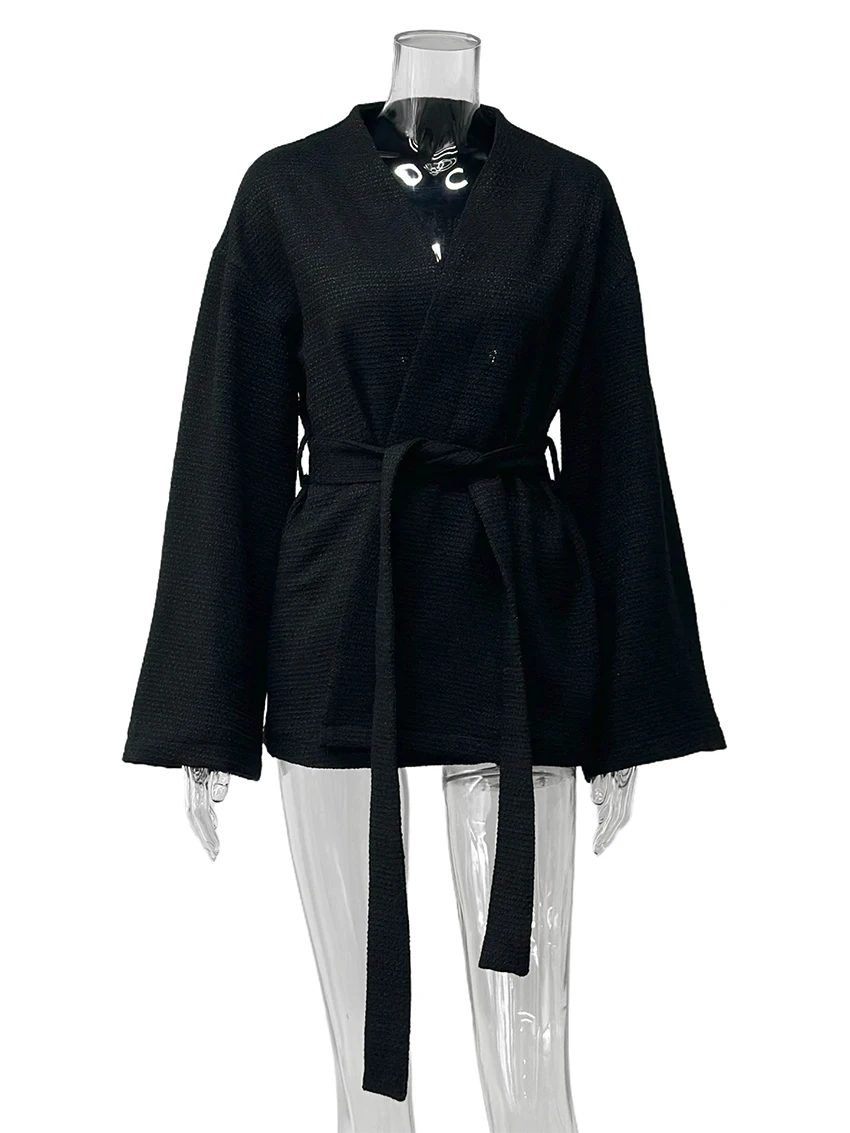 Parc Fee Fashion Loose Black Women's Coat 2025 Winter V-Neck Long Sleeve Jacket Elegant Classic Lace-Up Top Female Clcothing