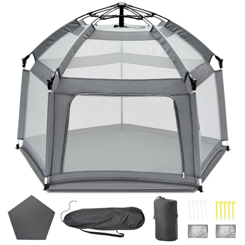 

Baby Playpen with Self-Inflating Play Mat & Travel Bag, Portable Outdoor Playpen for Babies and Toddlers, Foldable Pop Up Play T