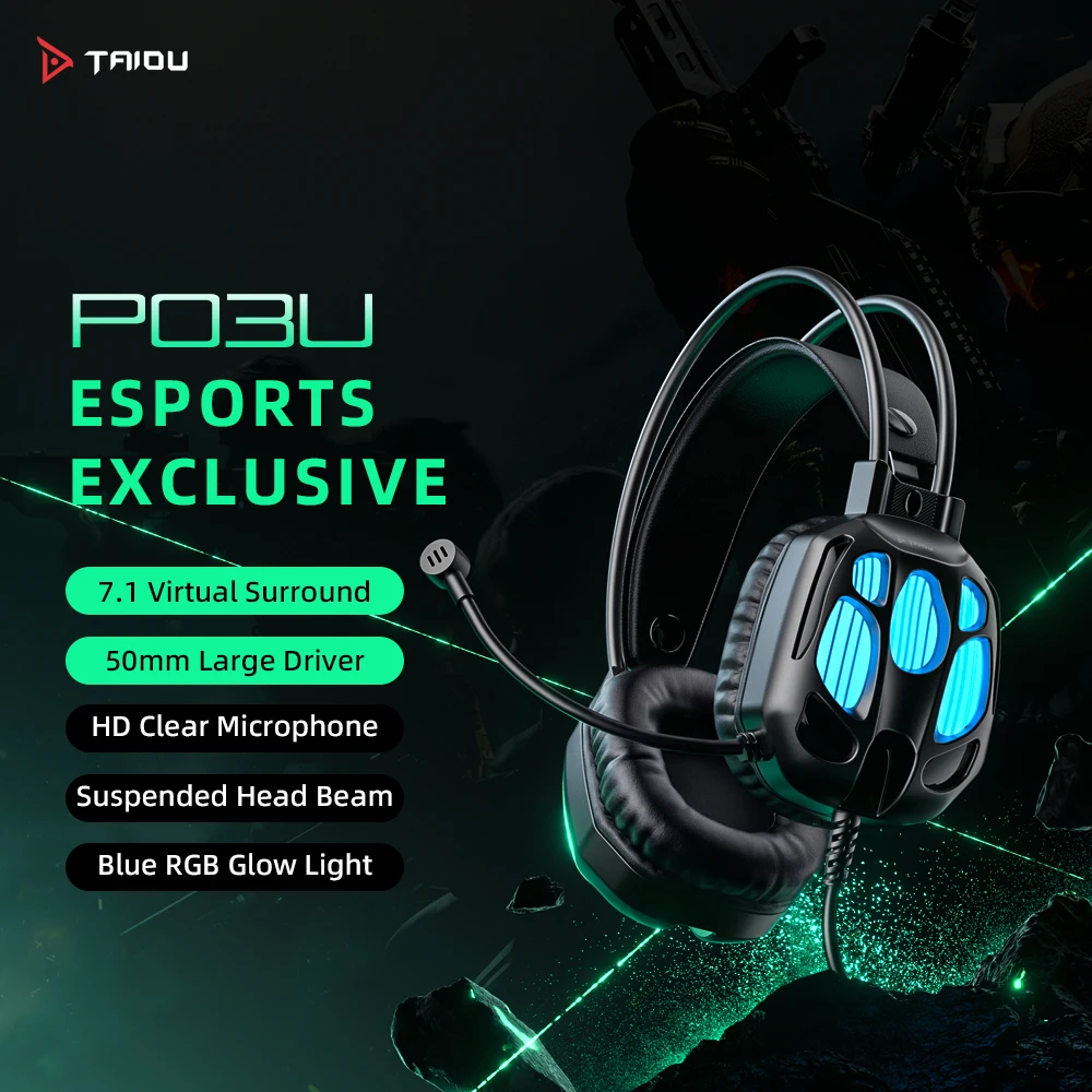 

Игровая гарнитура TAIDU P03U с виртуальным объемным звуком 7.1, 50-мм динамиками, USB-подключением, синей RGB-подсветкой и HD-микрофоном для ПК-геймеров
