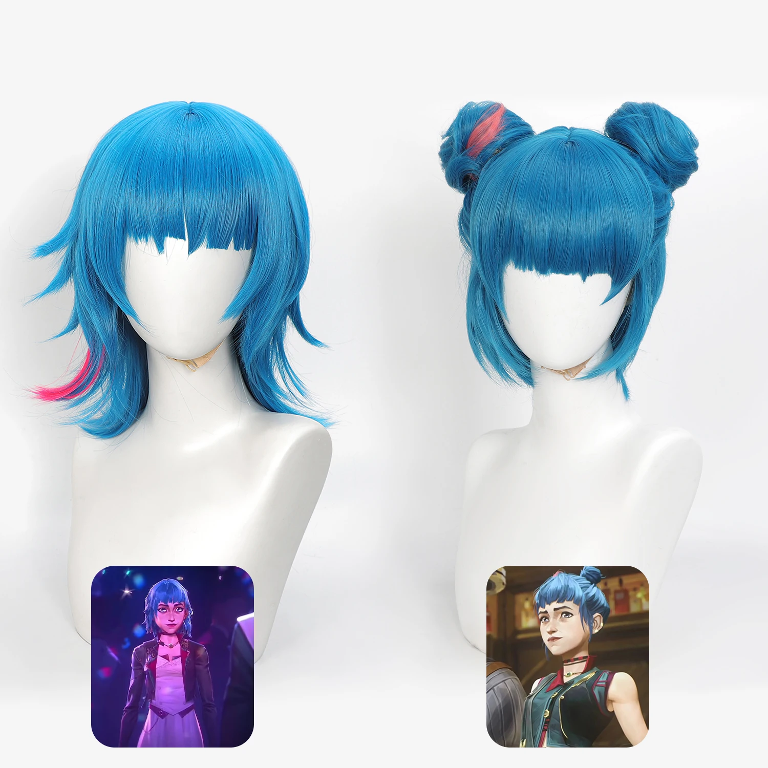 Jinx Cos Wig Arcane Blue Pink Highlight Short Wig 2 Styles Detachable Double Buns Natural Scalp Top Synthetic Hair For Cosplay