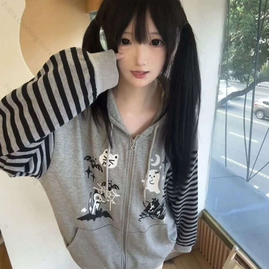 Y2k roupas listradas com capuz zip up hoodie roupas femininas manga longa outono topos kawaii impressão moletom com capuz zip-up casaco