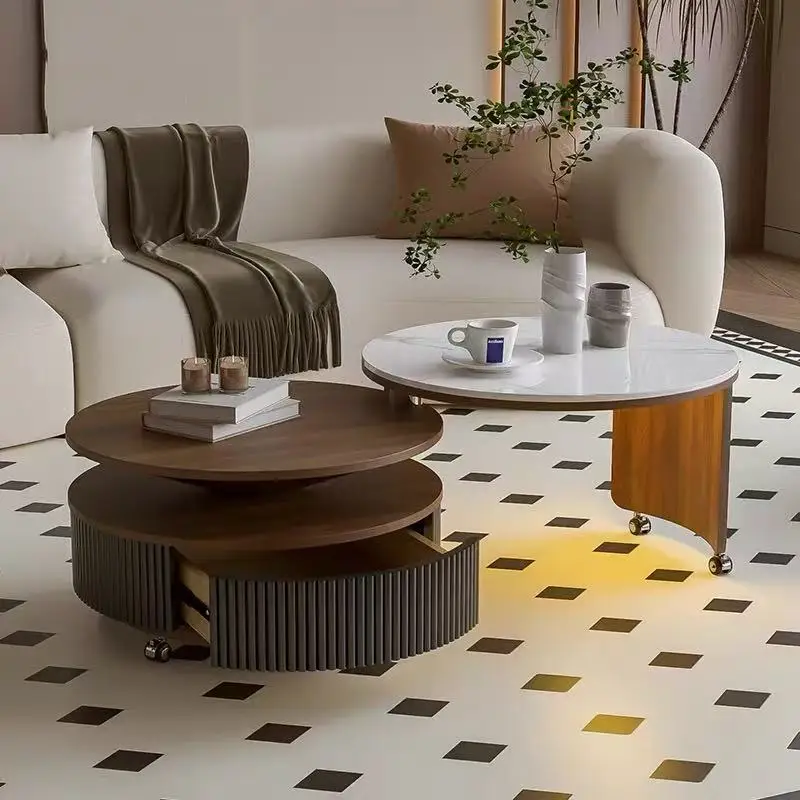 #Modern Rotating Coffee Table Set, Living Room Table with Sintered Stone Top & Wooden Tiered Base with Wheels
