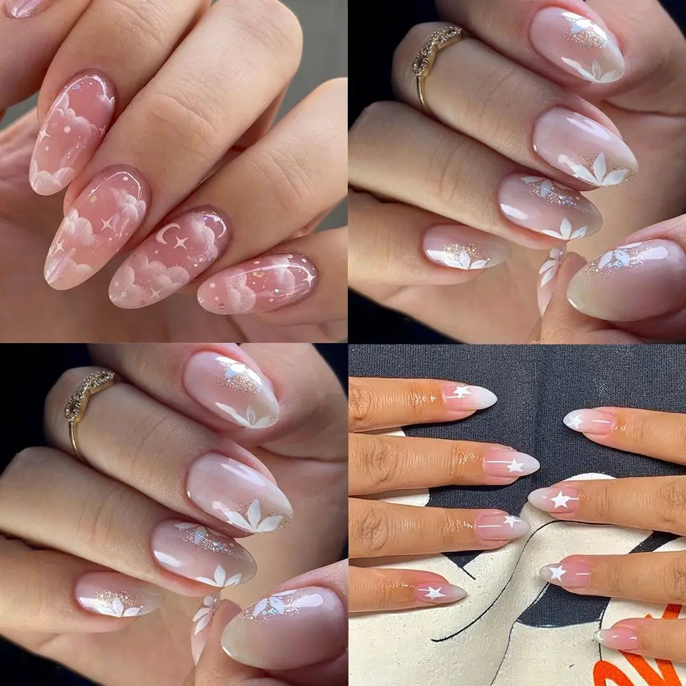 Manicure longo amêndoa unhas falsas francês rosa nuvem imprensa em unhas glitter flores estrela falso nials feminino