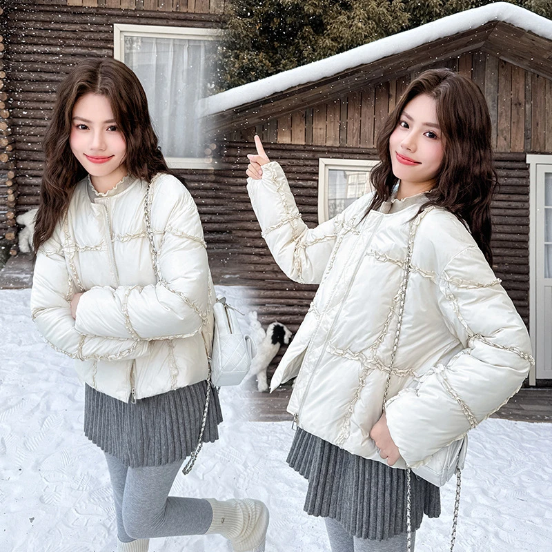 

black Fungus Lace Cotton Clothes Women Winter New Niche Design Cotton Padded Jackets Long Sleeve Round Neck Fashion Short Coats