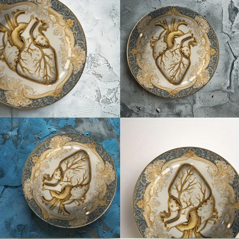 

1 шт. Элегантная синяя керамическая декоративная тарелка с цветочным узором в виде сердца - круглая декоративная тарелка, не пригодная для контакта с пищевыми продуктами, подходит для гостиной