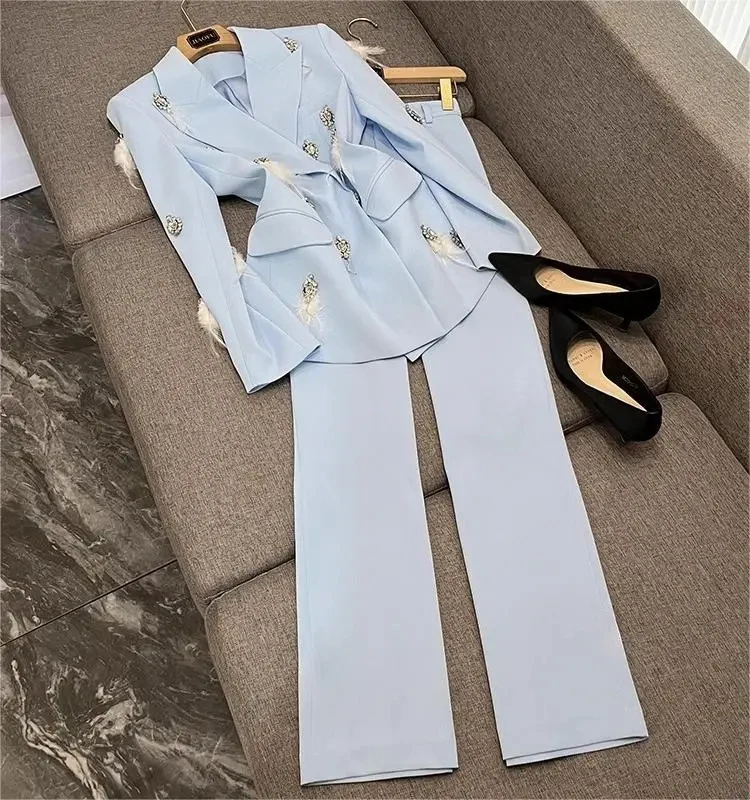 High Quality Lady Elegant Style Solid Office Suit Beading Feather Notched Long Sleeve Blazer Slight Flared Pants Women 2Pcs