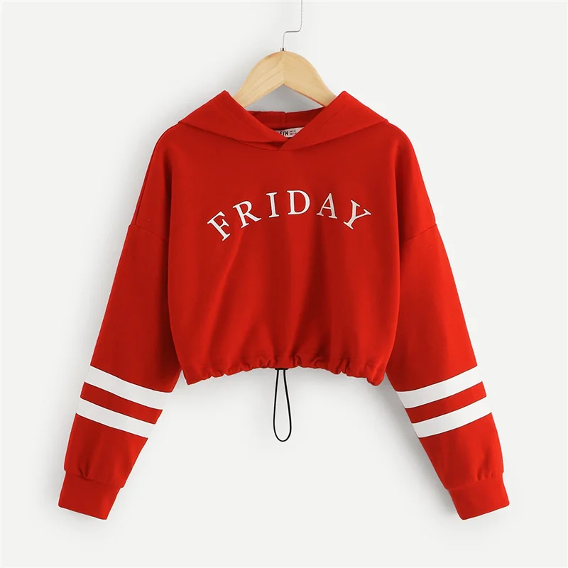 Girls Red Letter Crop Hoodies Tops Spring Korean Fashion Long Sleeve Crop Sweatshirts For Kids