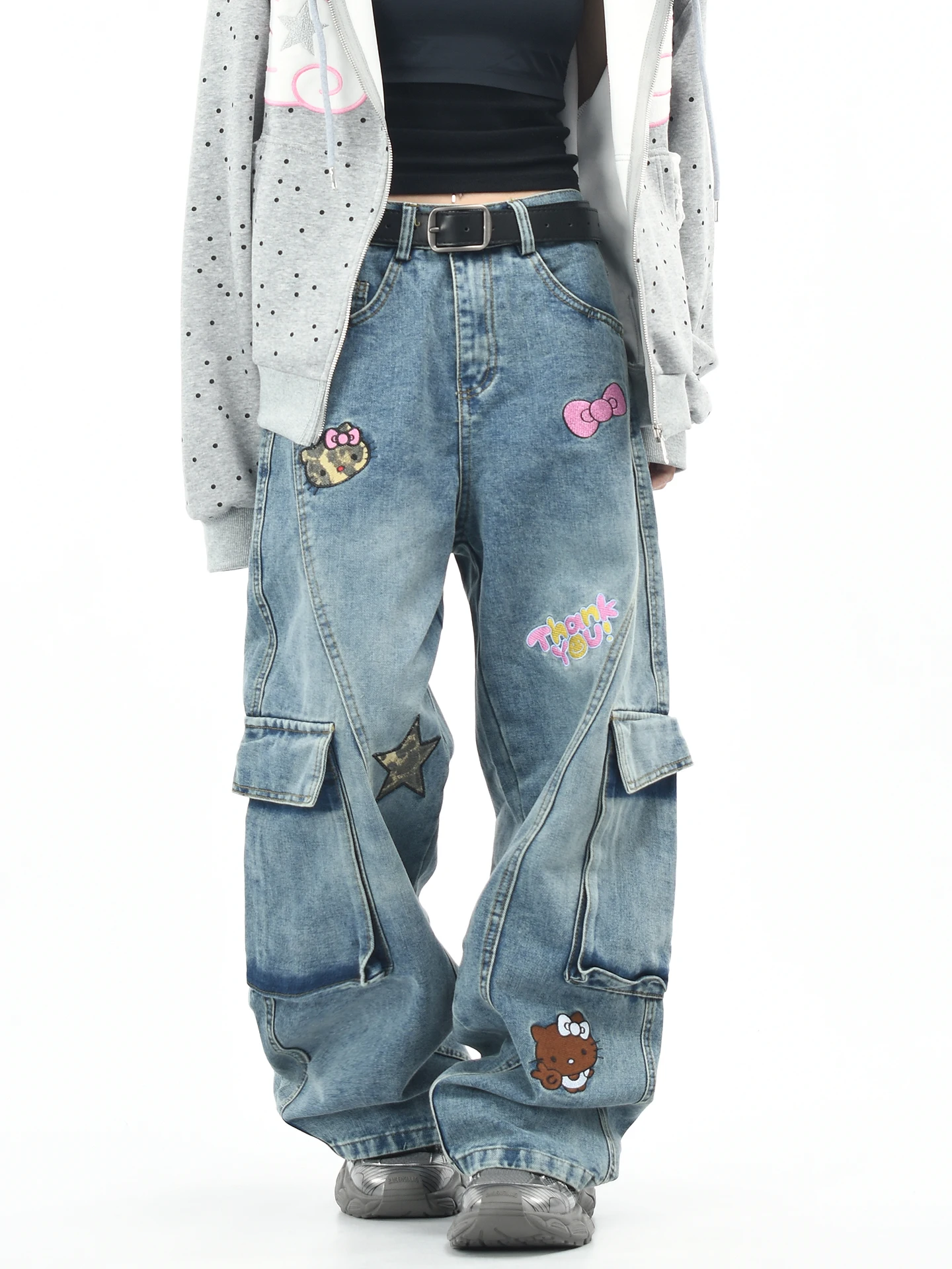 

OV оригинальные джинсы с вышивкой из мультфильма KT, свободные прямые брюки для похудения, длинные брюки для мужчин и женщин