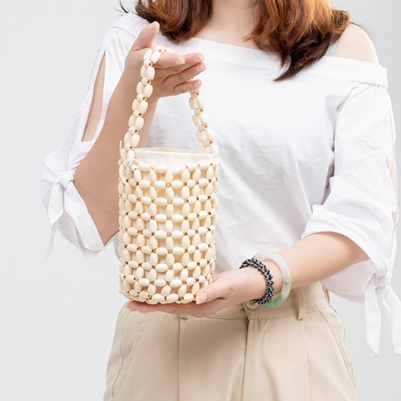 Simple Design Handmade Woven Women Bag Fashion Bucket Bag High-quality Wooden Bead Women Handbag