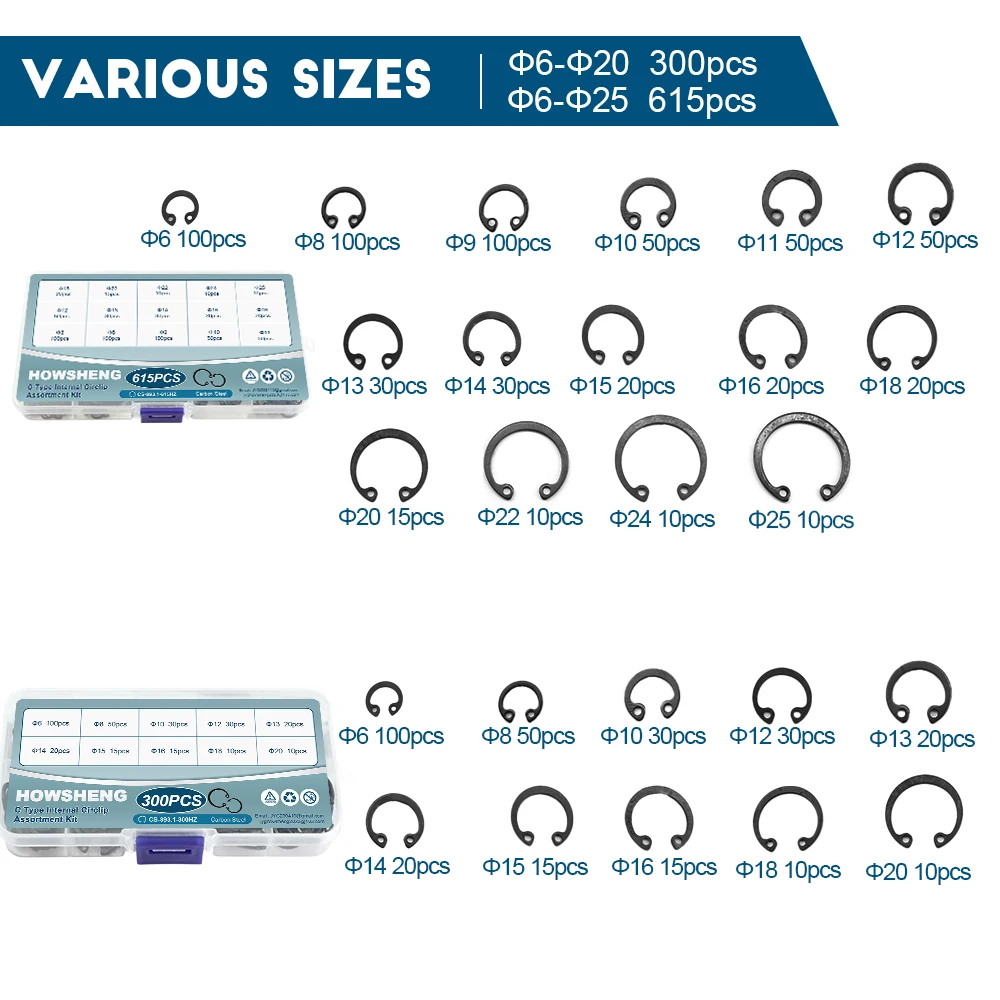 HOWSHENG 300pcs/615pcs Internal Circlip Assortment Kit Retaining Clip Ring Set Carbon Steel 6-25mm C Clip Washer Kit for Hole