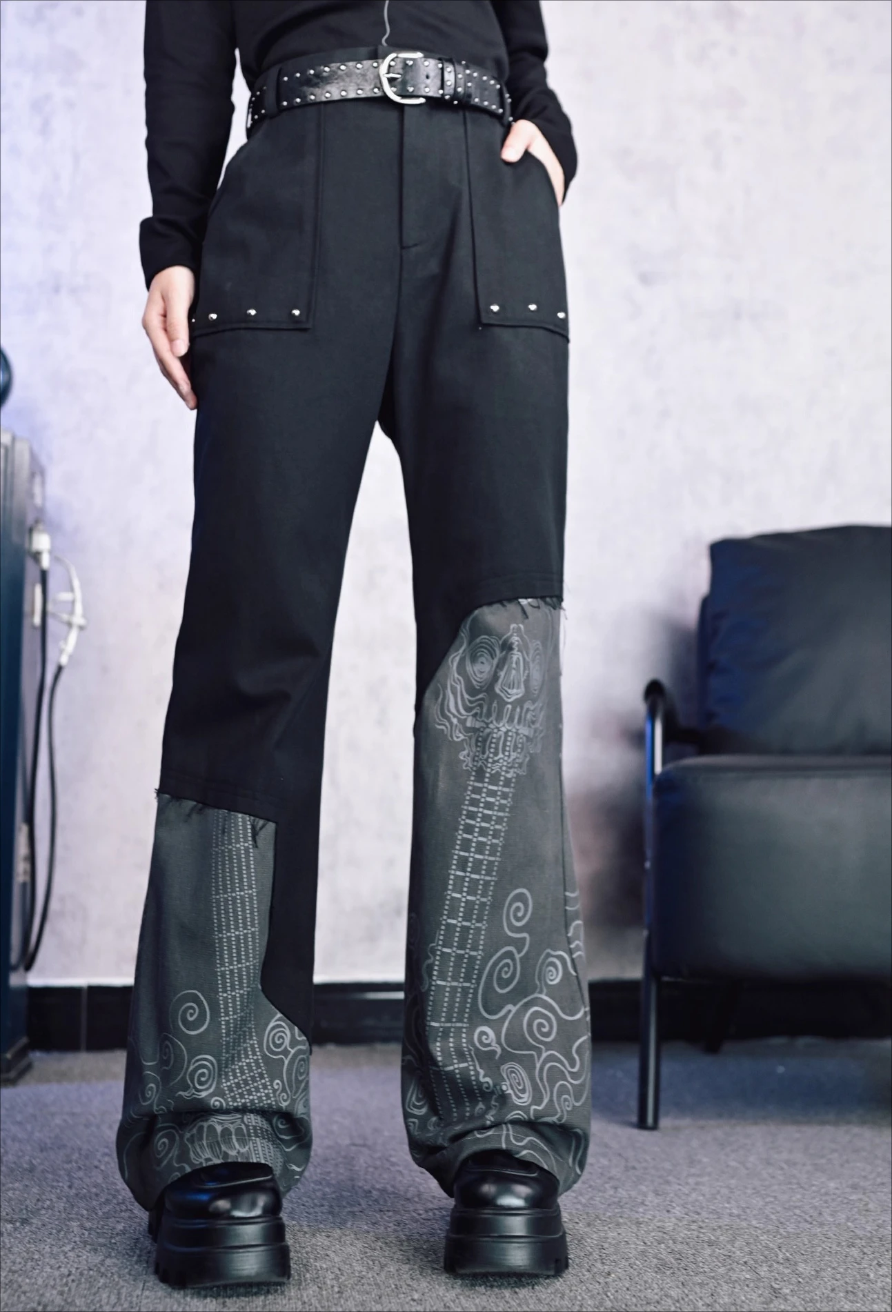 Temperament New Chinese High Waist Gothic Irregular Printed Bootcut Pants Girl Spring Autumn Retro Punk Riveted Slim Pantses