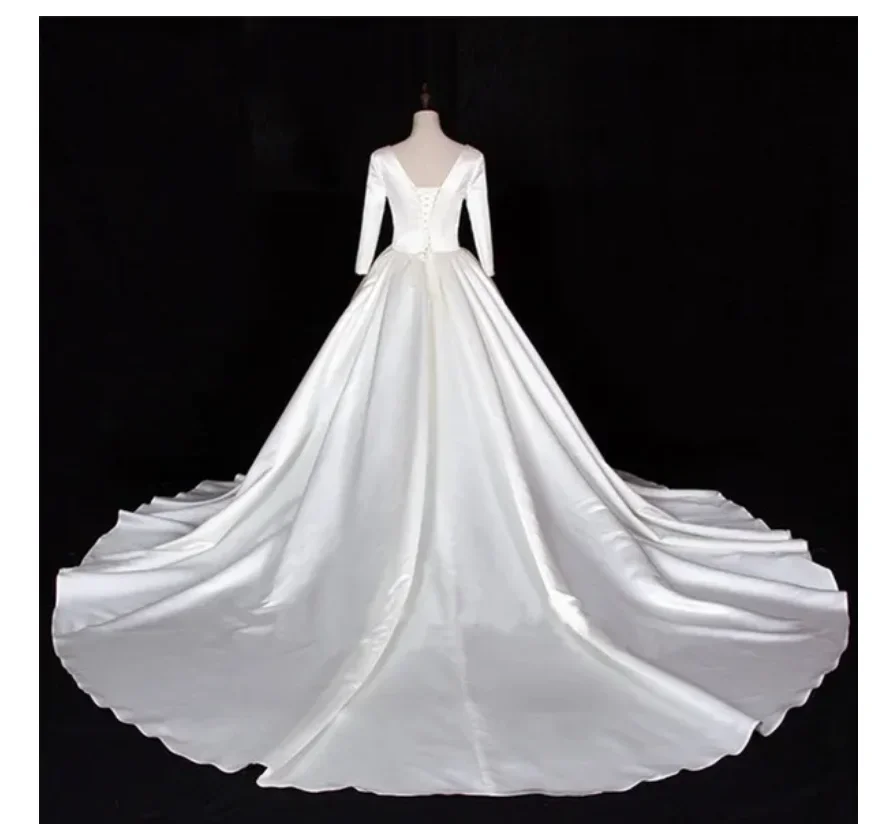 Personalizado 2025 feito vestido de baile de casamento de cetim novos vestidos de noiva com mangas branco marfim vestido de noiva