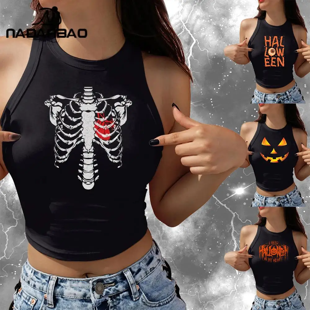 

Nadanbao Punk Y2K Style Grunge Camisole Tops Streetwear Women's Sleeveless Corset Print Crop Halloween Skeleton Heart Print Tops