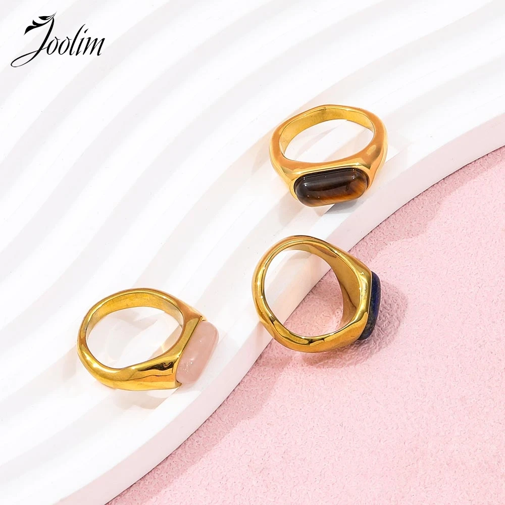 Joolim Jewelry Wholesale High End PVD Waterproof Fashion Retro Natural Quartz Tiger\'s Eye Stone Stainless Steel Ring For Women