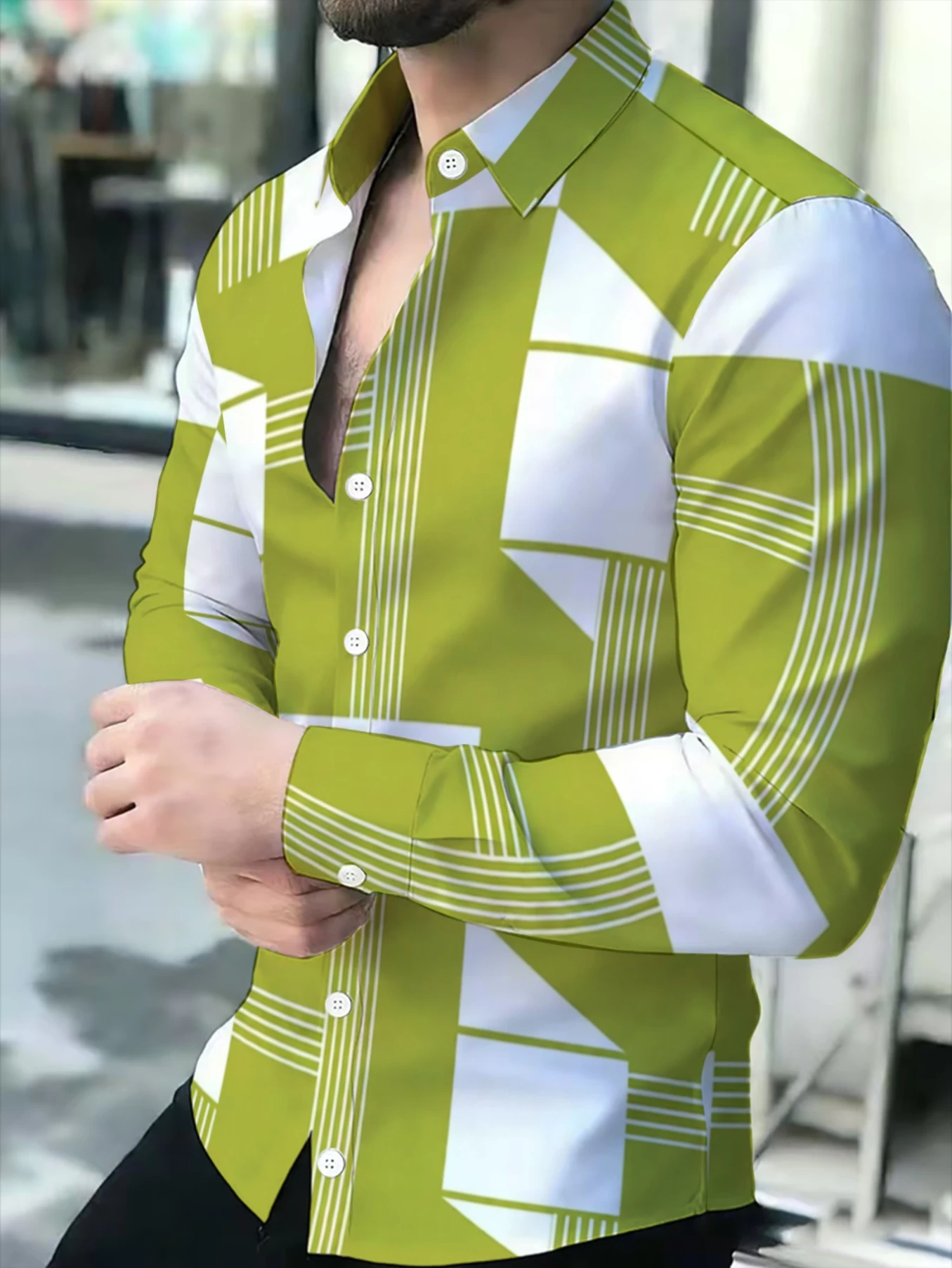 Men Green White Geometric Block Stripe Print Long Sleeve Shirt Lapel Collar Button‑Up Polyester Casual Blouse