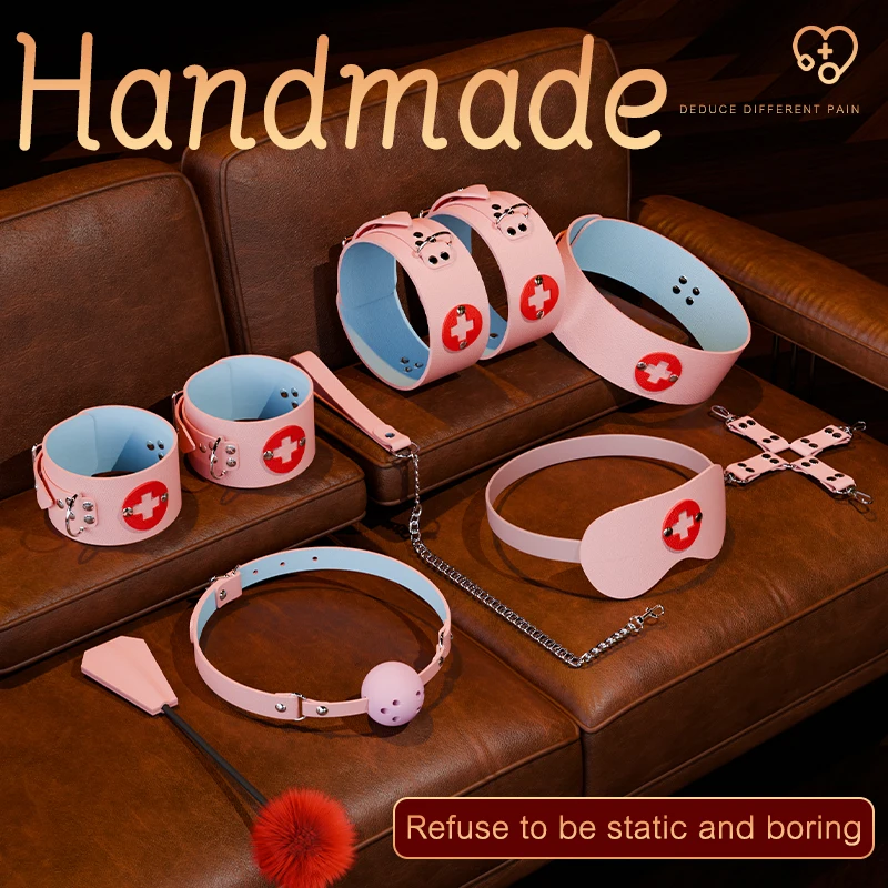 أصفاد ضبط النفس المثيرة طوق والعتاد ممرضة الرقيق لعب الأدوار معدات عبودية الكبار الأزواج الغمامة الردف لعبة 8 قطعة مجموعة