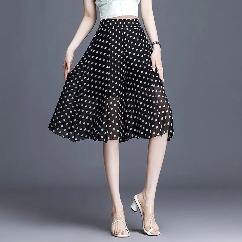 Small Chiffon Polka Dots Women Skirt Thin Summer Elasticity High Waist Hanging Feel Large Swing A-shaped Wide Leg Skirts Girl