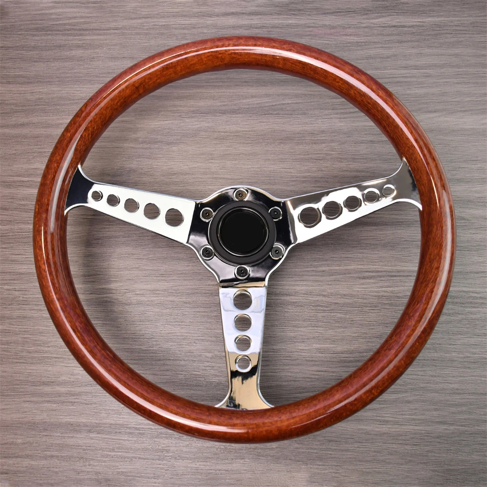 

14 Hole Classic Wood Grain Steering Wheel 345mm Silver 3 Spokes Anti-Slip Falt Bracket Racing Steering Wheel With Horn Button
