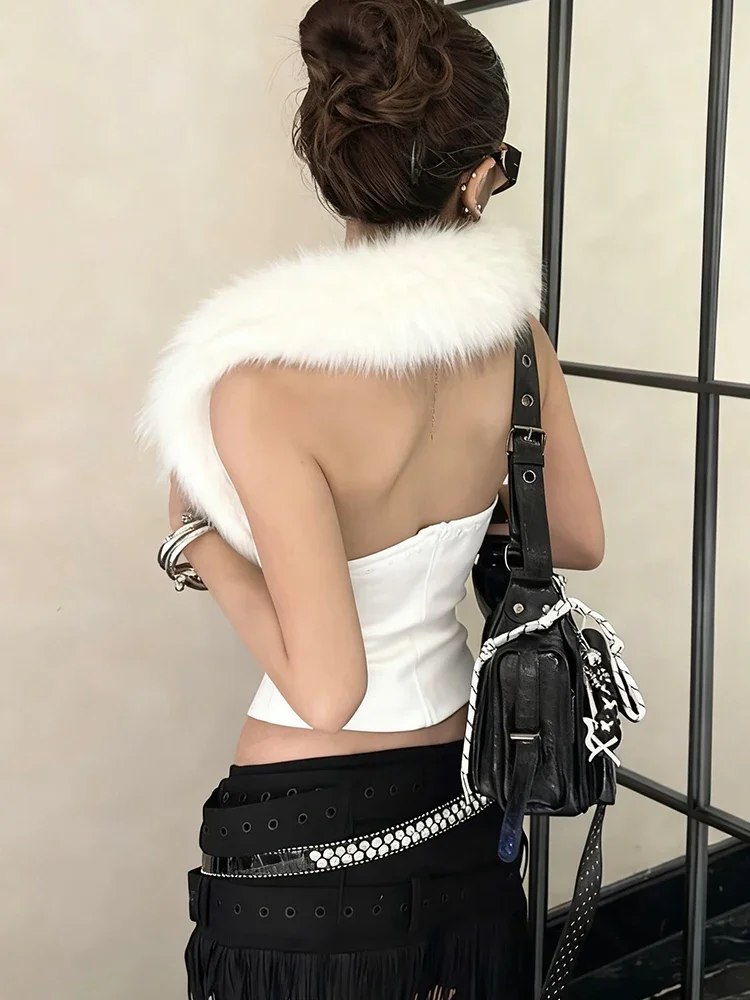 Nibbers Coquette Furry Patchwork Tank Top Women Sexy Y2K Halter Backless Shirring Slim Stretch Midnight Party Clubwear