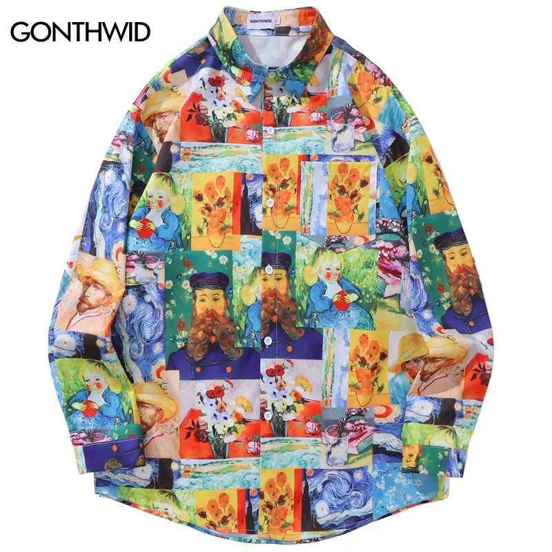 

Vintage Hawaiian Shirt Van Gogh Starry Sunflower Graphic Print Oversize Shirts Streetwear 2024 Hip Hop Button Up Long Sleeve Top