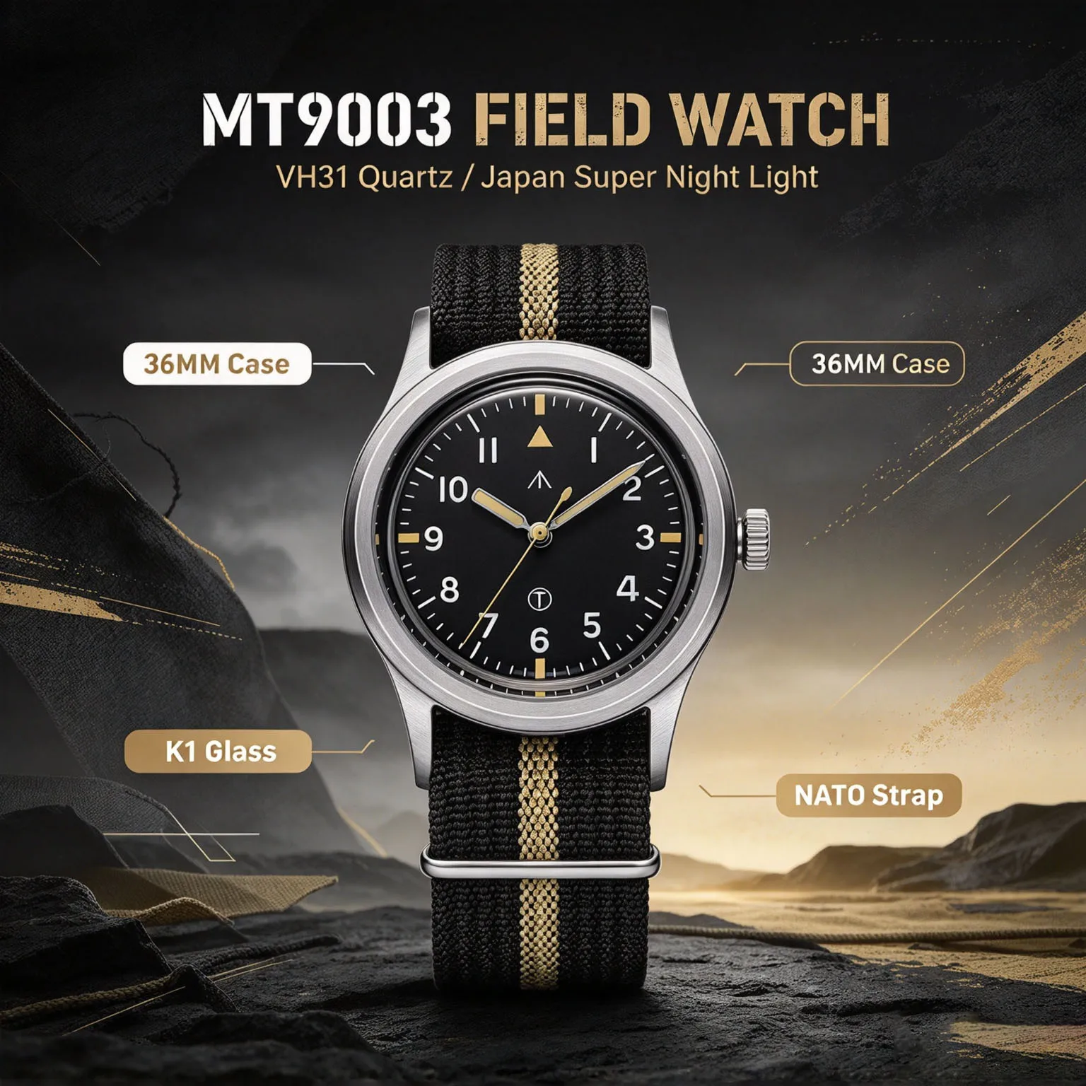 MILITREK Men Military Field Watch MT9003 Stainless Steel Case K1 Glass Japan Super Luminous VH31 Sweep Second Quartz Watch