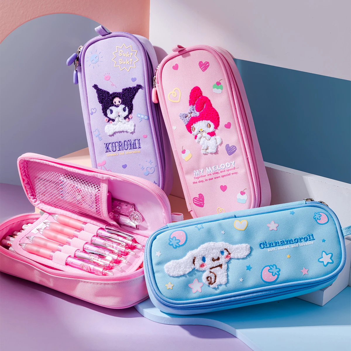 sanrio kawaii estudante estacionaria caixa de lapis grande capacidade lapis bordado case kuromi pen bolsas de armazenamento material escolar 01