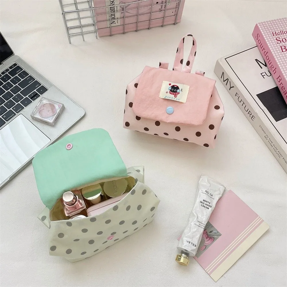 Mini Earphone Storage Bag Flip Cover Snap Button Key Card Holder Cartoon Polka Dot Contrast Color Coin Purse for Student Girls