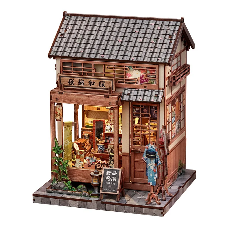 Japanischer 3D DIY Miniatur-Bausatz - Sakura Kimono Szene Montage-Spielzeug, Handgefertigtes Holz-Puppenhaus Kreative Bausteine