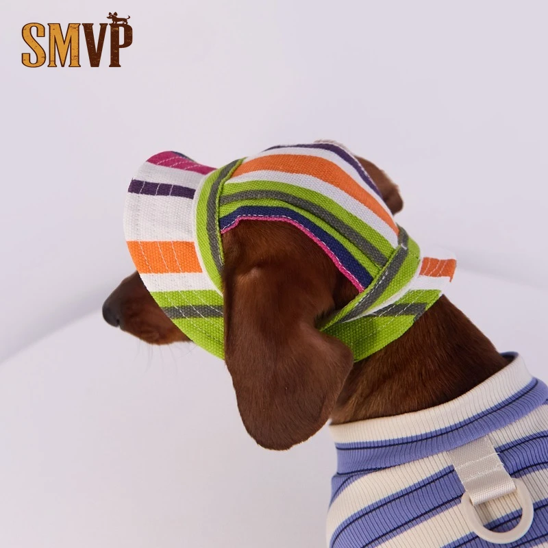 カラフルなストライプ柄キャンバス製犬用サンハット、通気性のあるuvカットバイザー、小型犬、中型犬、大型犬用、屋外ペットアクセサリー
