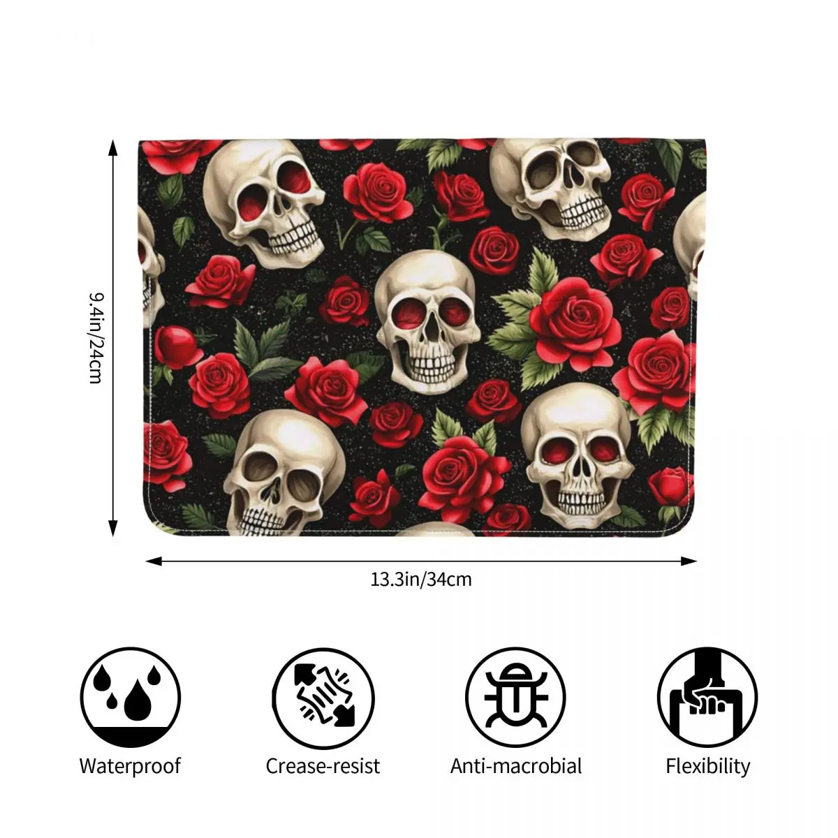 Rose Skull Gothic Style Pattern PU Leather Horizontal Laptop Sleeve Shockproof Soft Lining Notebook Case 13 Inch