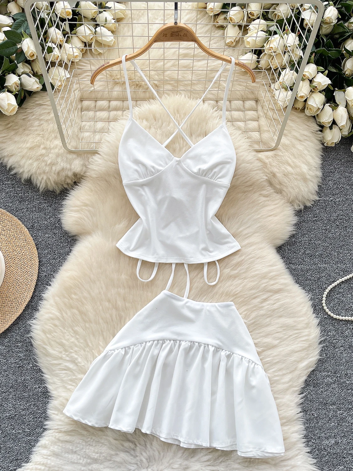 

Foamlina Pure Desire Spice White Y2K Girl Street Suit Sexy Summer New Sling Halter Short Strap Vest Top + Ruffle Edge Mini Skirt