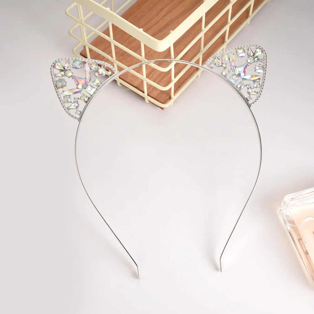 

Cute Cat Ear Hair Band Shiny Rhinestone Headdress Party Favors Supplies White Eye-Catching Creative Gift for Kids