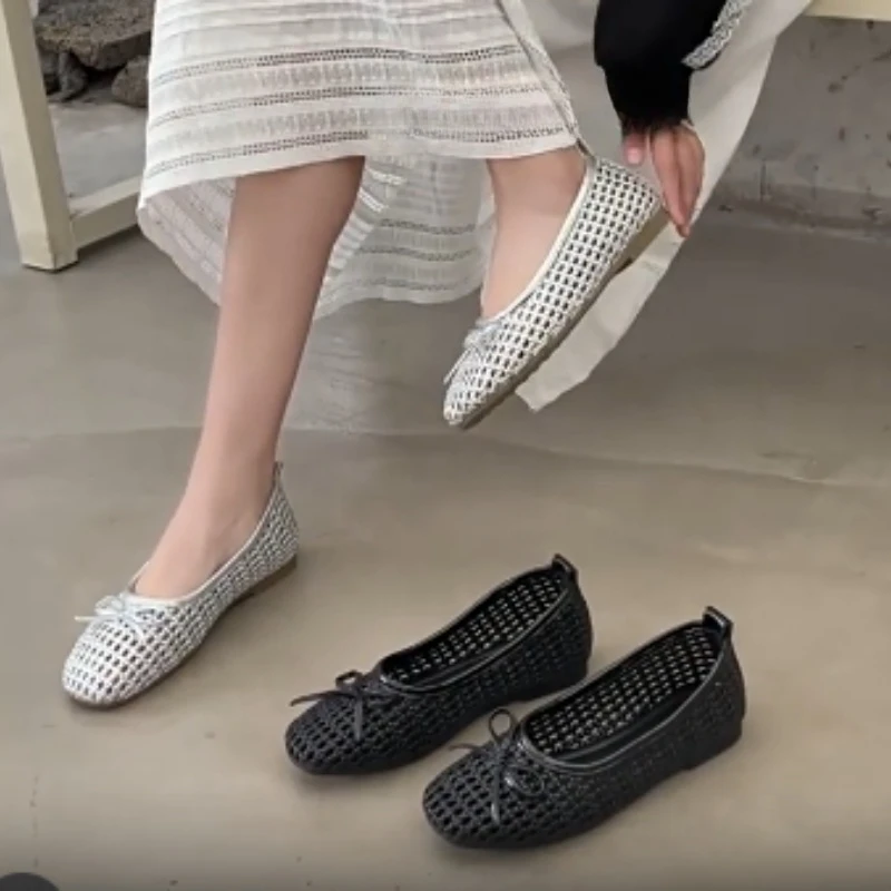 

Женские балетки-мэри-джейн с сетчатым верхом, дышащие, с вырезами, квадратным носком, низким вырезом и бантом, для летнего отпуска