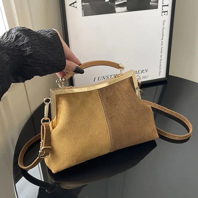 

Elegant Two Tone Suede Handbag For Women High End Metal Handle Frame Clutch Fashion Clip On Shoulder Bag Commuter Crossbody Bag