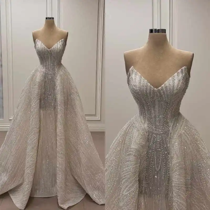 

Shiny A Line Wedding Dresses Sweetheart Neck Sleeveless Sequins Bridal Gowns Beadeds Vestidos De Novia Customized