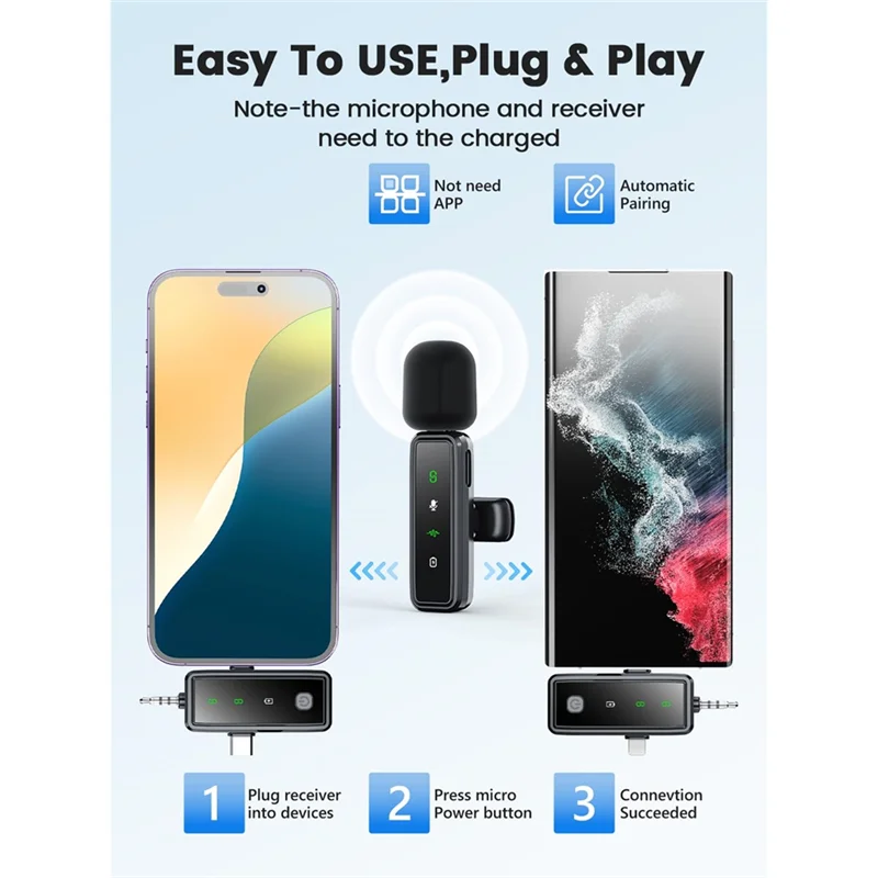 BTLIFE-Mini bezprzewodowy mikrofon krawatowy z wyświetlaczem LED, mikrofon krawatowy 3 w 1 do aparatu Iphone/Android