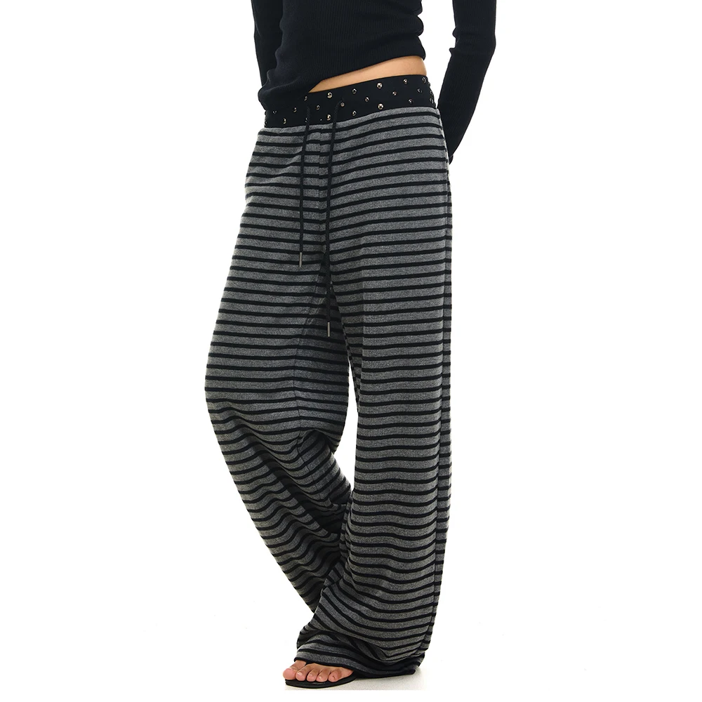 Wide Leg Pants Women American Vintage Black Striped Drawstring Elastic Waist Flowy Streetwear Casual Plus Size Lounge Trousers