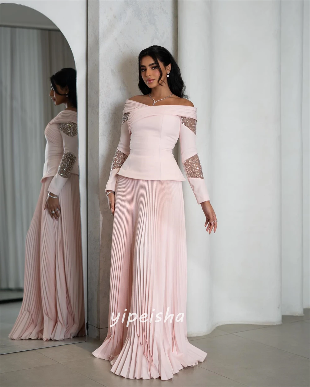 تخصيص الطراز الحديث أزياء جيرسي مطرزة Ruched ألف خط خارج على الكتف فساتين طويلة فساتين السهرة الأحجام المتاحة مثير #3