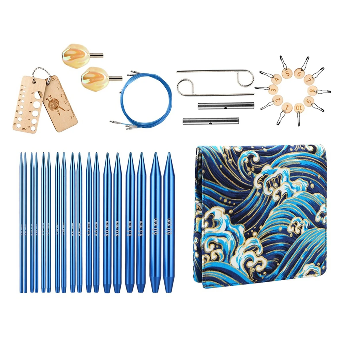 

NEW ARRIVAL 18PCS Interchangeable Crochet Needles Set Aluminum Circle Knitting Needles Blue Color Bag with Sewing Tool Accessory