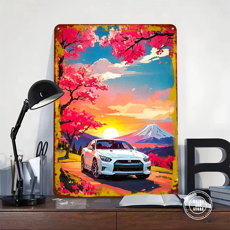 With Cherry Blossoms Car Poster Customized Vintage Metal Signs Wall Art Retro Tin Plaque for Garage Decoration Room Desk Decor