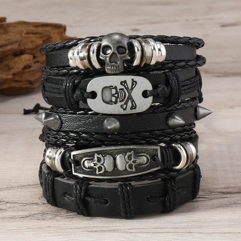 Mode Wikinger Punk Armband für Männer Hand Armbänder mehr schicht ige gewebte Legierung Nieten Spikes Schädel köpfe Schmuck Leder Set Geschenke