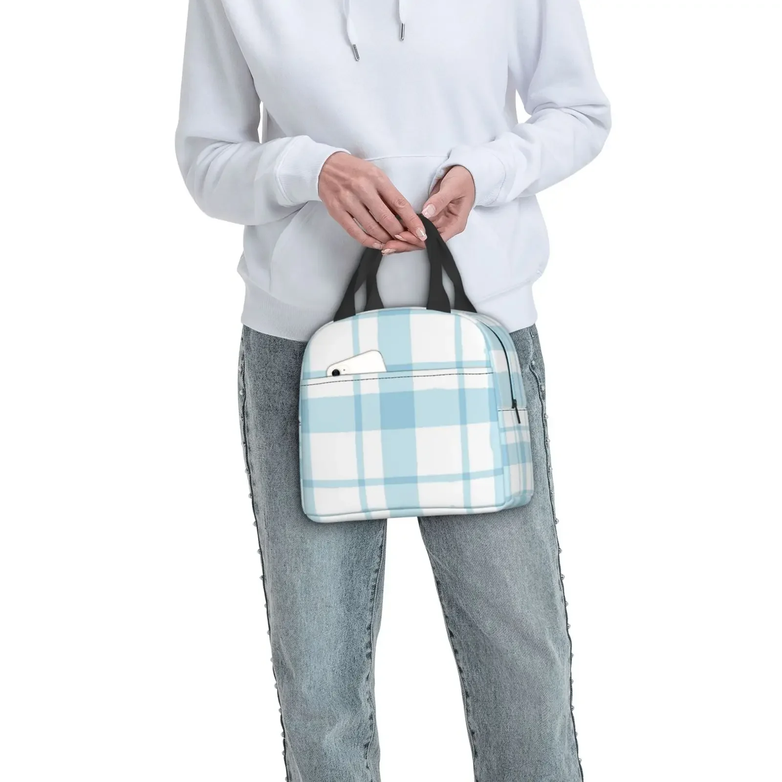 Blue and White Checkered Pattern Portable Lunch Boxes Waterproof Thermal Cooler Food Insulated Lunch Bag Kids School Children