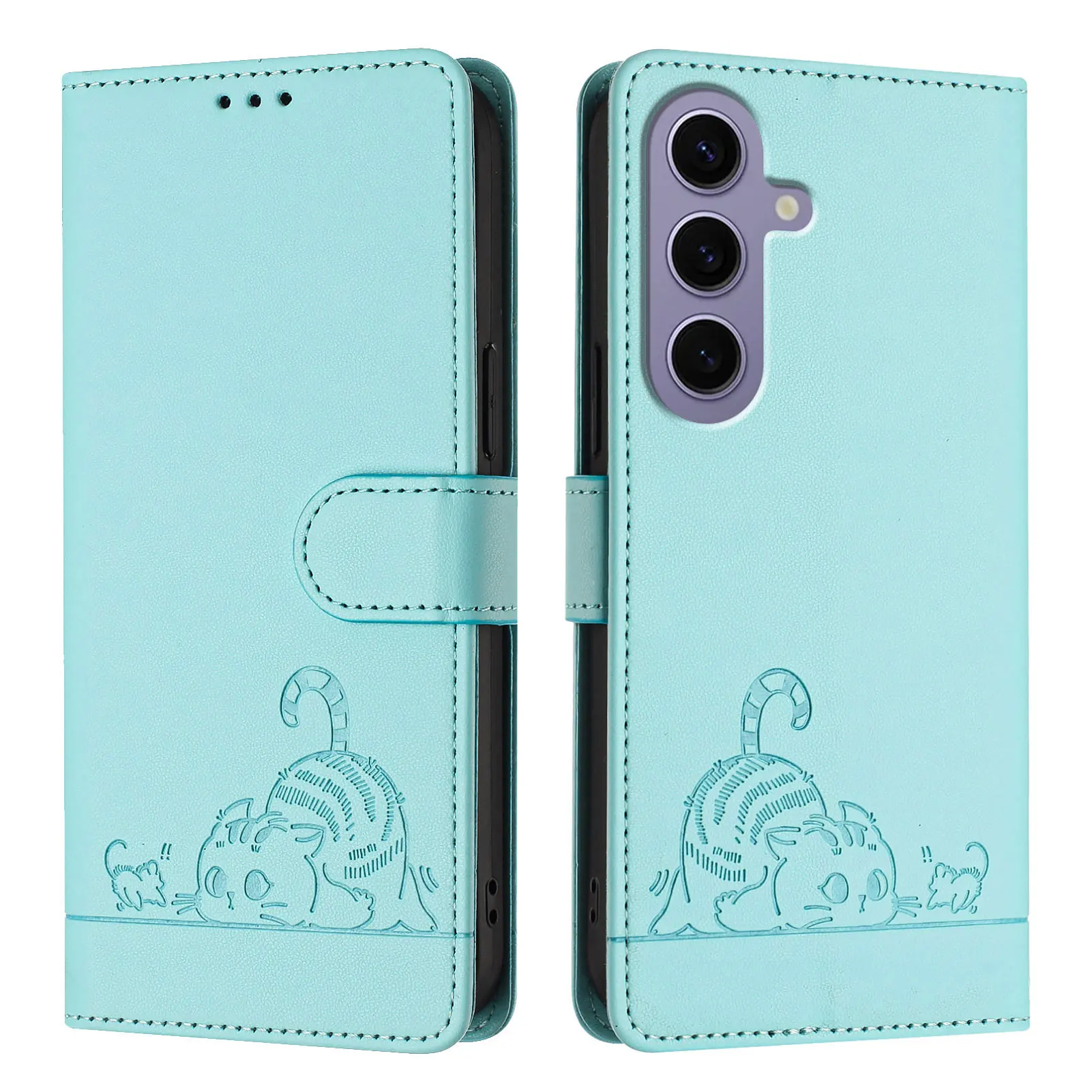 Cartoon Cat Phone Case for Samsung Galaxy S24 Ultra S25 S23 FE S22 S21 S20 Plus S10 S9 S8 Cases Leather Wallet Flip Cover Strap