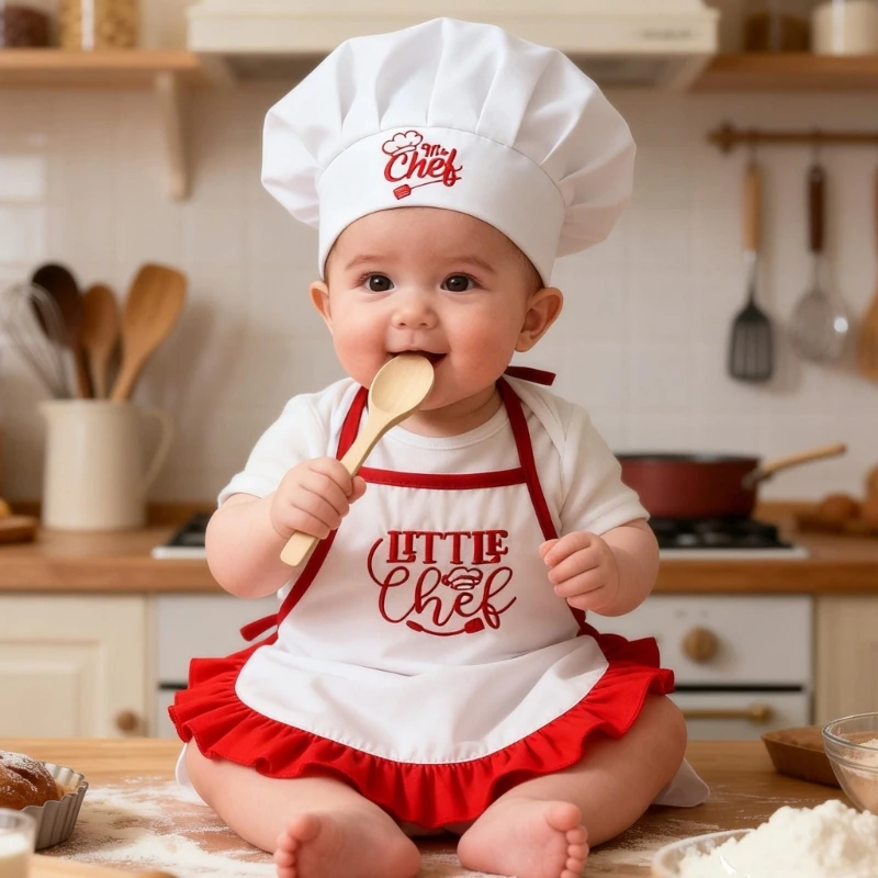 Newborn Photography Props Costume Baby Boys Girls Chef Apron Hat Little Chef Suit For 0-1 Year Studio Photo Accessories