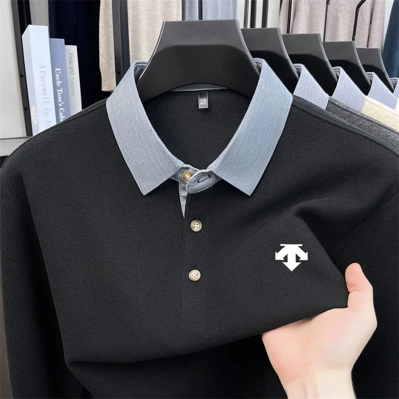 Spring Autumn Men's New Fashion Print Polo Shirt Wrinkle Resistant Original Solid Color Long Sleeve T-Shirt Versatile Men's Wear