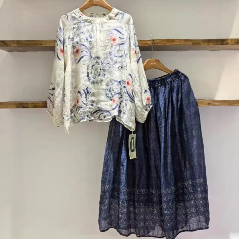 

Johnature Vintage Ethnic Style Print Long-sleeve Shirt For Women New Spring Summer Printed Ramie Tops Loose Casual