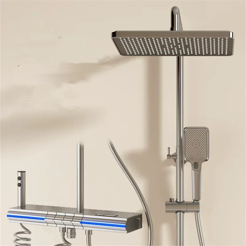 

Серый смеситель для душа с цифровым дисплеем, латунный смеситель для душа с дождевой смеситель для ванной комнаты, латунный набор смесителей для ванны и душа